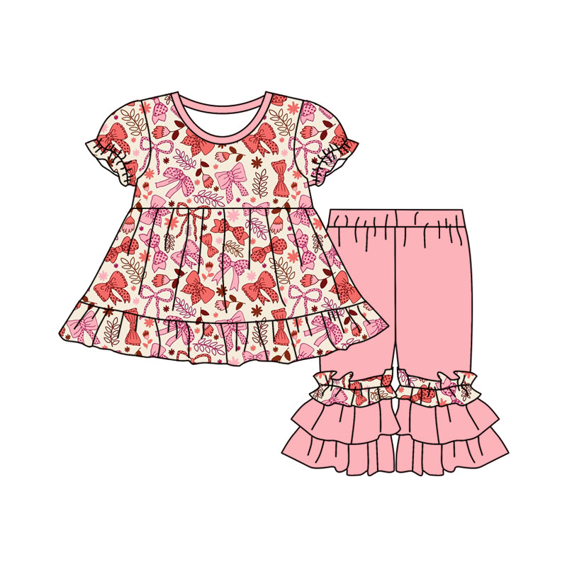 Preorder (moq 5)Baby Girls Pink Flowers Bows Tunic Ruffle Pants Clothes Sets
