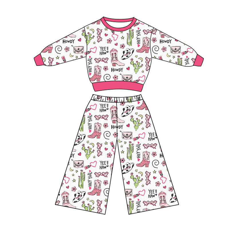 Preorder(moq 5) Baby Girls Howdy Boots Hats Top Flare Pants Western Clothes Sets