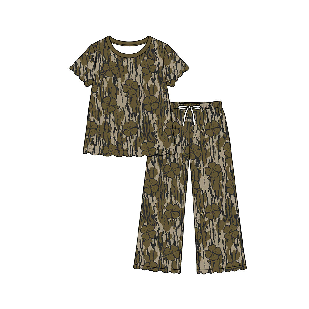 Pre-order(moq5) Girls’ Round-Neck Short-Sleeve Clover Ruffle Wide-Leg Pants Set