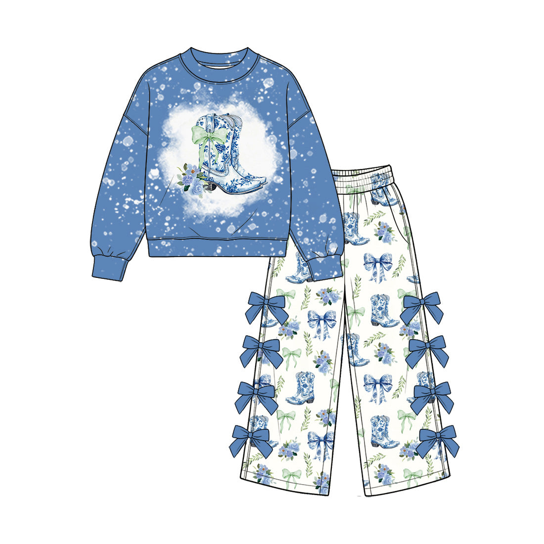 Preorder (moq 5) Baby Girl Clothes Blue Cowboy Boot Bow Floral Mixed Print Long Sleeve Top Bow Flare Pant Set