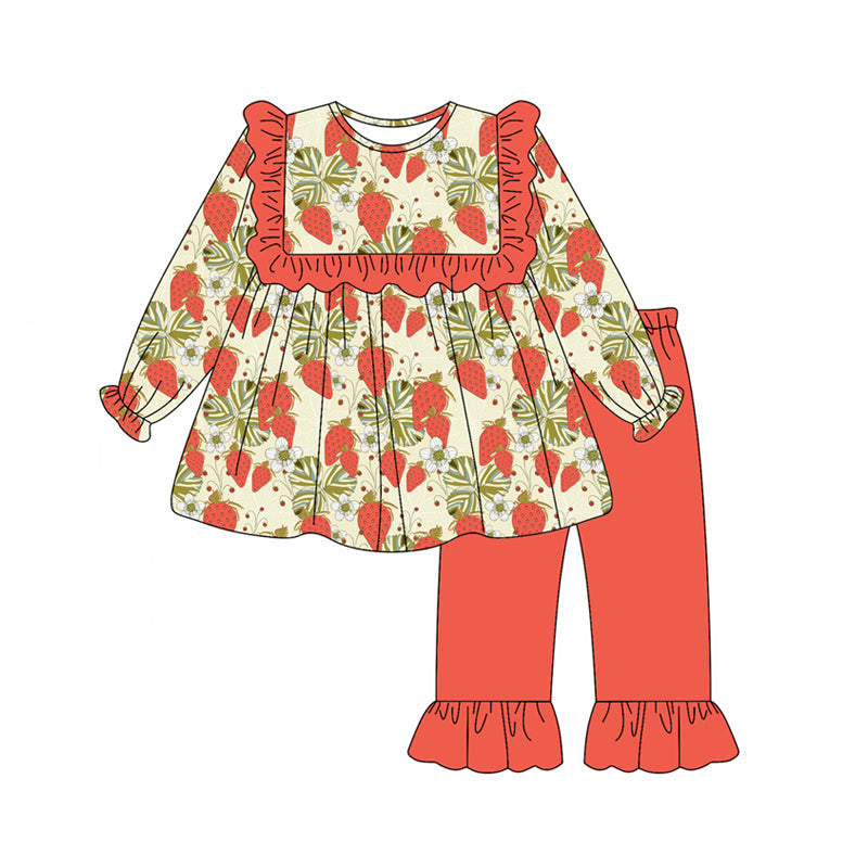 Preorder (moq 5)Baby Girls Long Sleeves Leaves Strawberry Tunic Ruffle Pant Set