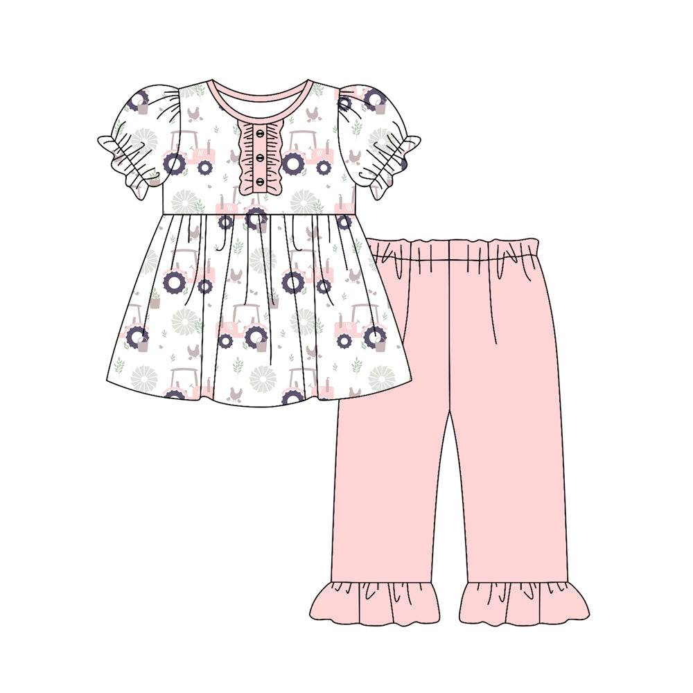 Preorder (moq 5)Baby Girls Chicks Trucks Button Tunic Ruffle Pant Farm Clothes Sets
