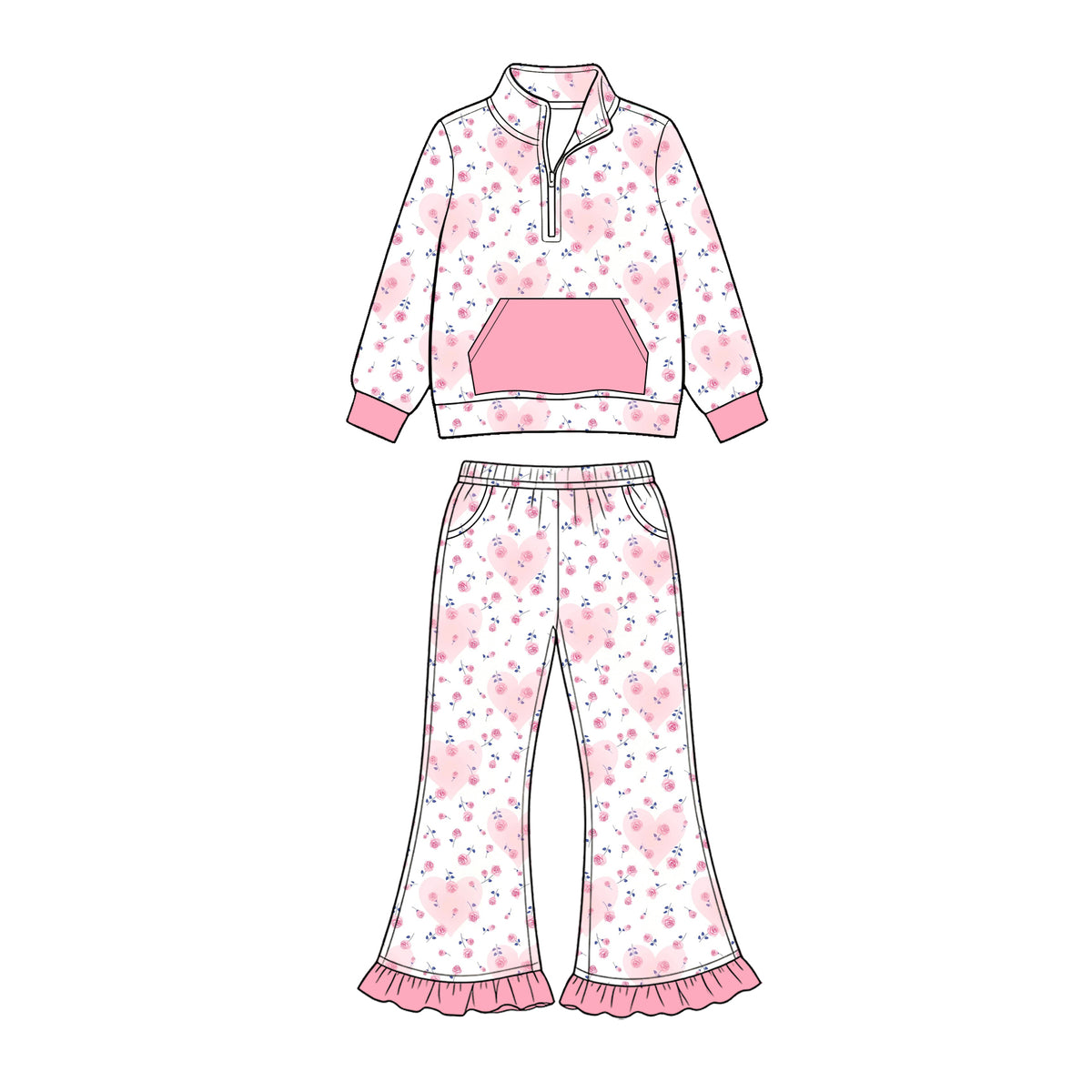 Preorder (moq 5) Baby Girl Clothes Heart Floral Allover Print Long Sleeve Half Zip Top Ruffle Flare Pant Set