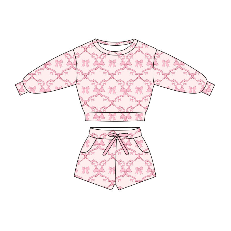Preorder(moq 5) Baby Girls Pink Bows Checked Long Sleeve Top Pockets Shorts Clothes Sets