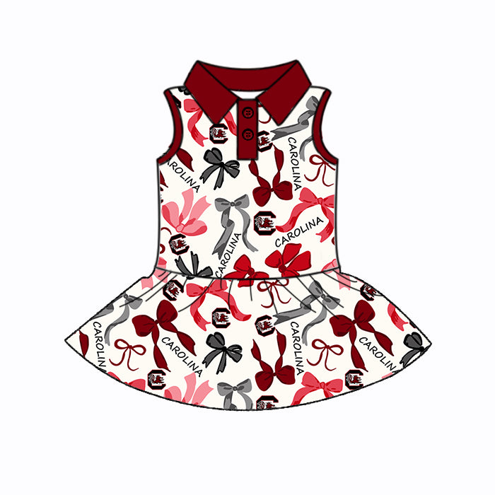 Preorder (moq 5)Baby Girls Sleeveless Red Bows Plaid Carolina Button Team Knee Length Dresses