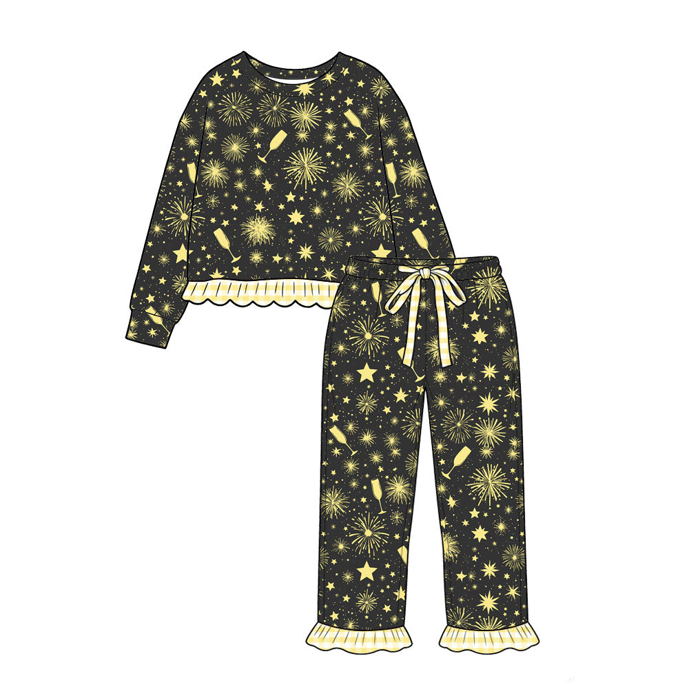 Preorder(moq 5) Baby Girls Stars Fireworks Top Ruffle Pant Happy New Year Pajamas Sets