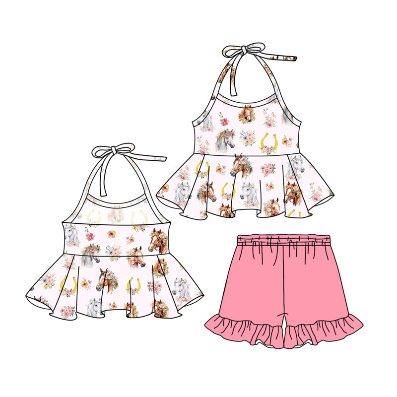 Preorder (moq 5)Baby Girls Pink Strap Horse Floral Tunic Ruffle Shorts Clothes Sets