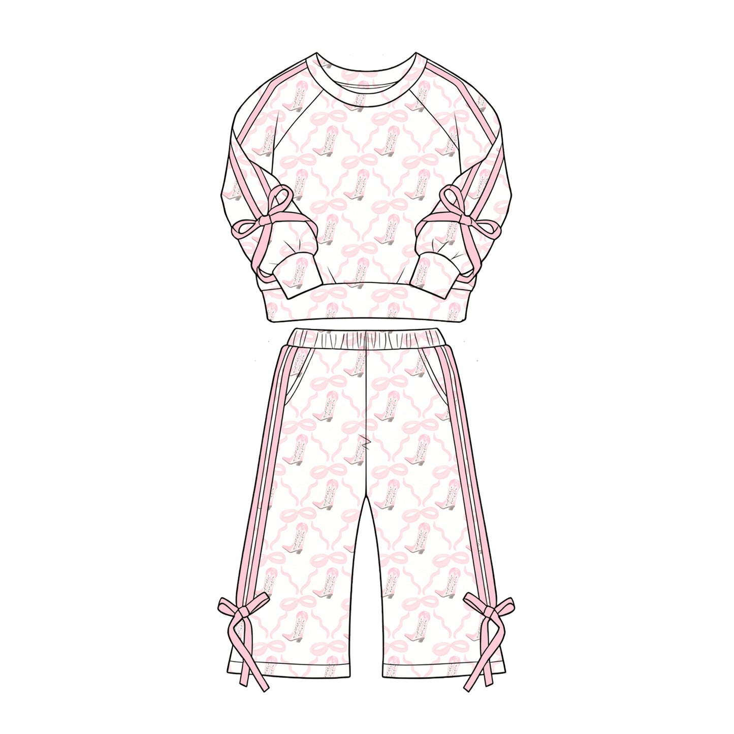 Pre-order(moq5) Girls Clothes High-Quality Cute Print Long Sleeve Raglan Sweatshirt Wide Leg Pants Bow Side Stripe Outfit