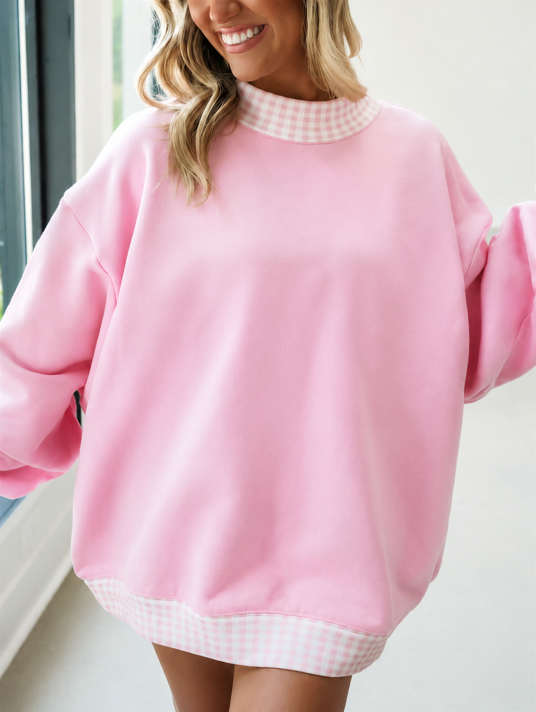Adult Women Pink Sweater Gingham Tee Shirts Tops Preorder