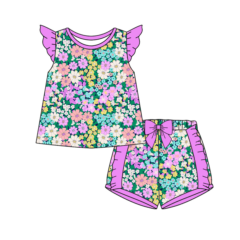 Preorder (moq 5)Baby Girls Flutter Sleeve Colorful Flowers Tunic Ruffle Short Clothes Sets