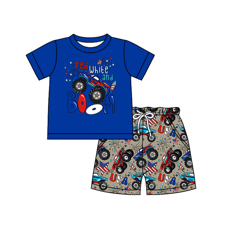 Preorder moq 5 Baby Boys Hot Blue Short Sleeves Stars Firework Top Pockets Shorts 4th Of July Set