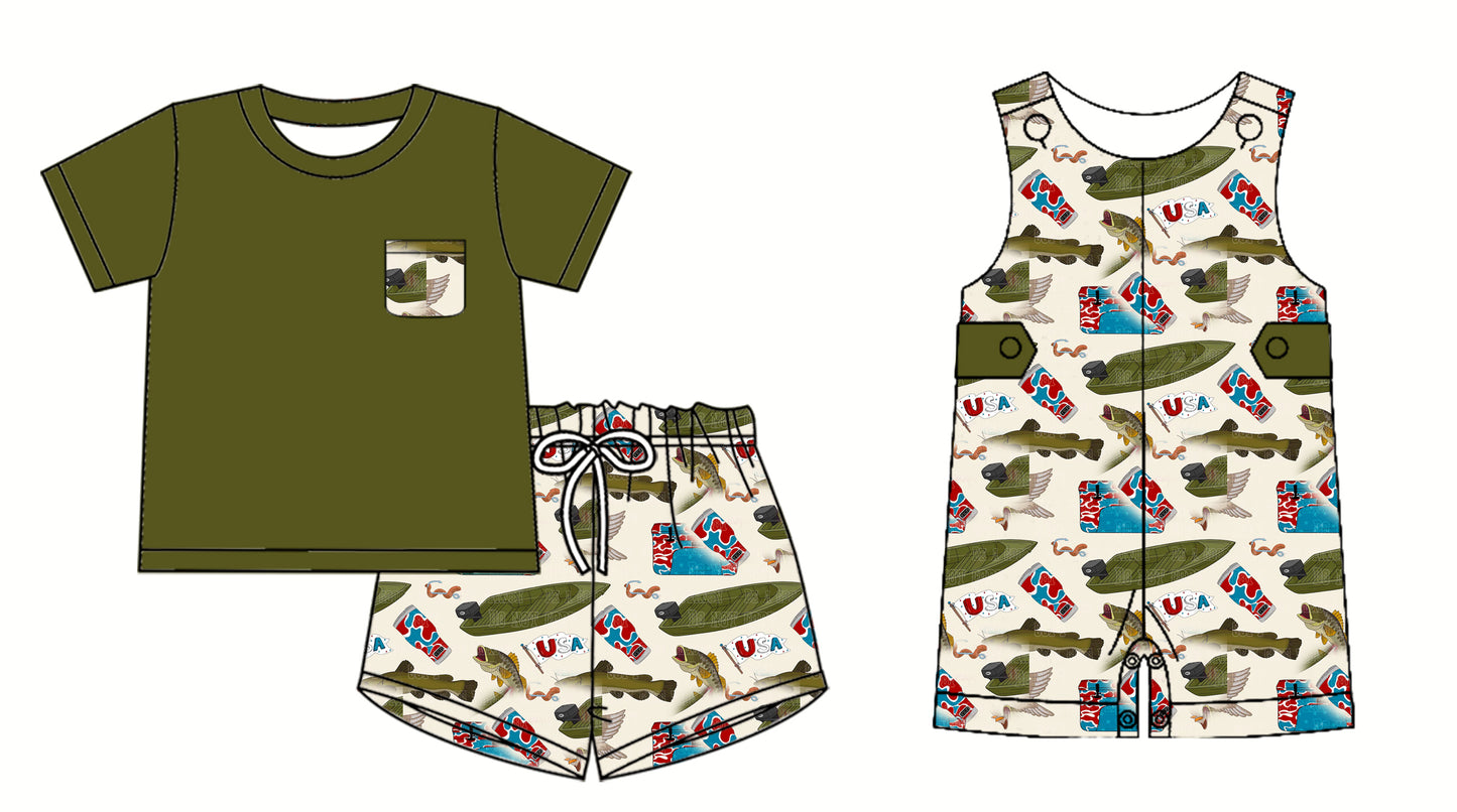 Preorder moq 5 Custom Baby Boys Dark Green Short Sleeves Pocket Top Fishing Short Set Romper