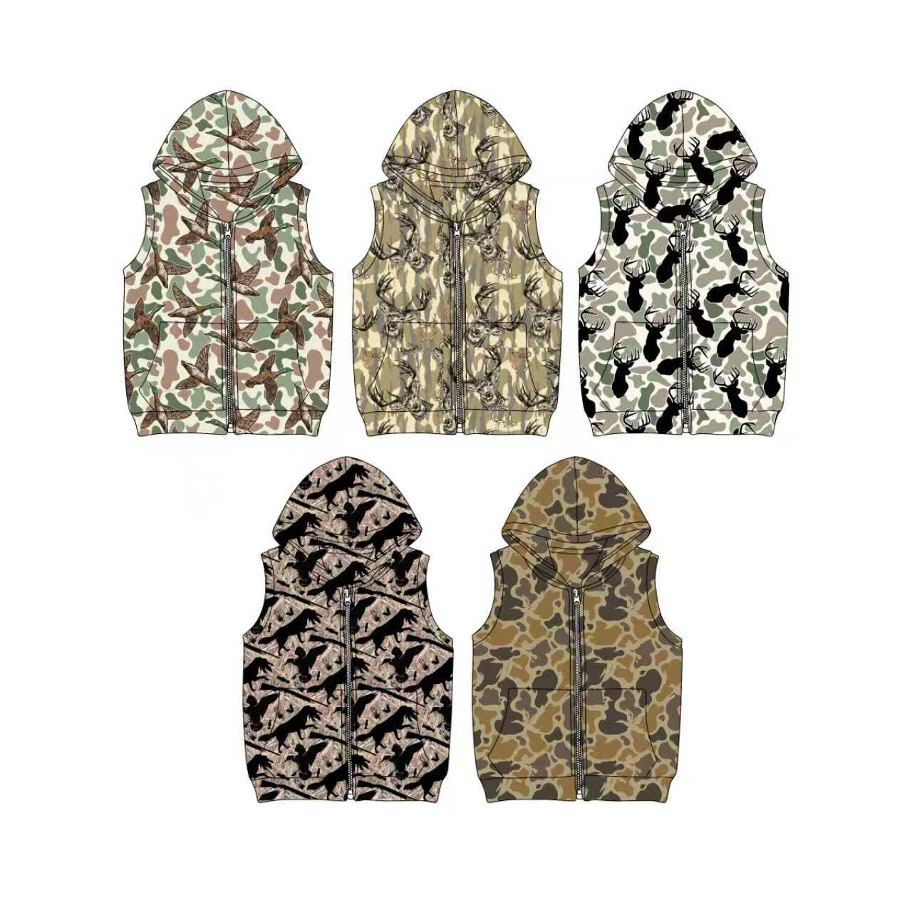 Preorder moq 5 (each item)Baby Boys Sleeveless Hunting Deer Dogs Ducks Camo Pocket Zipper Hoodie Jackets