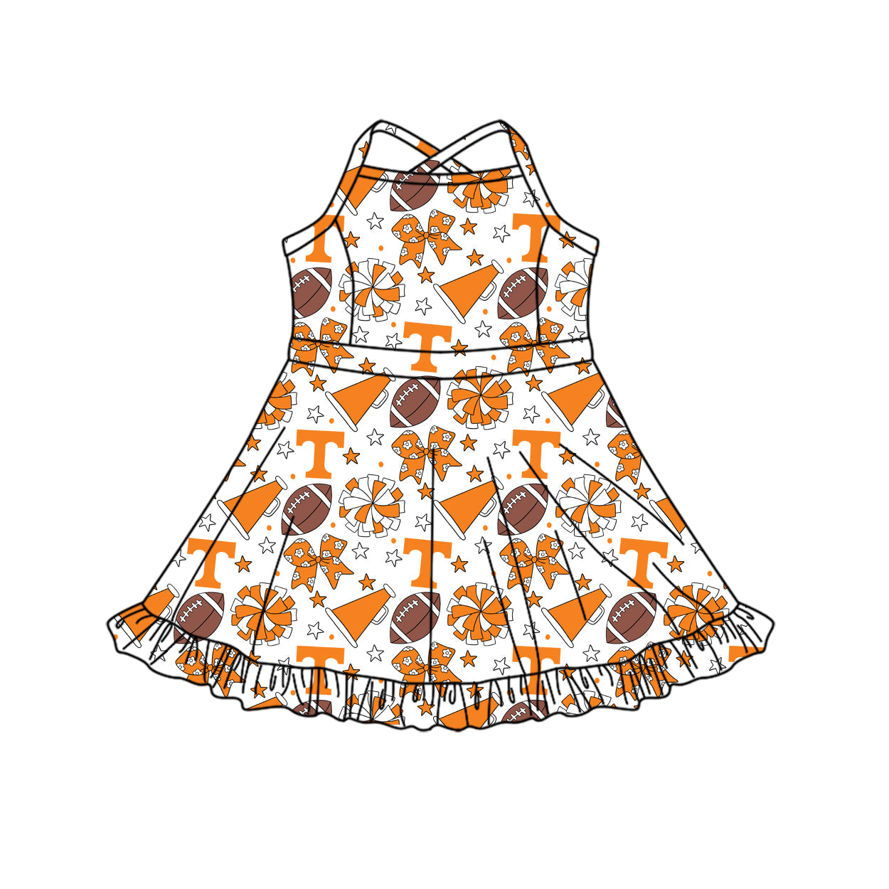 Preorder (moq 5)Baby Girls Strap Bows Stars Footballs Team Shorts Ruffle Knee Length Dress