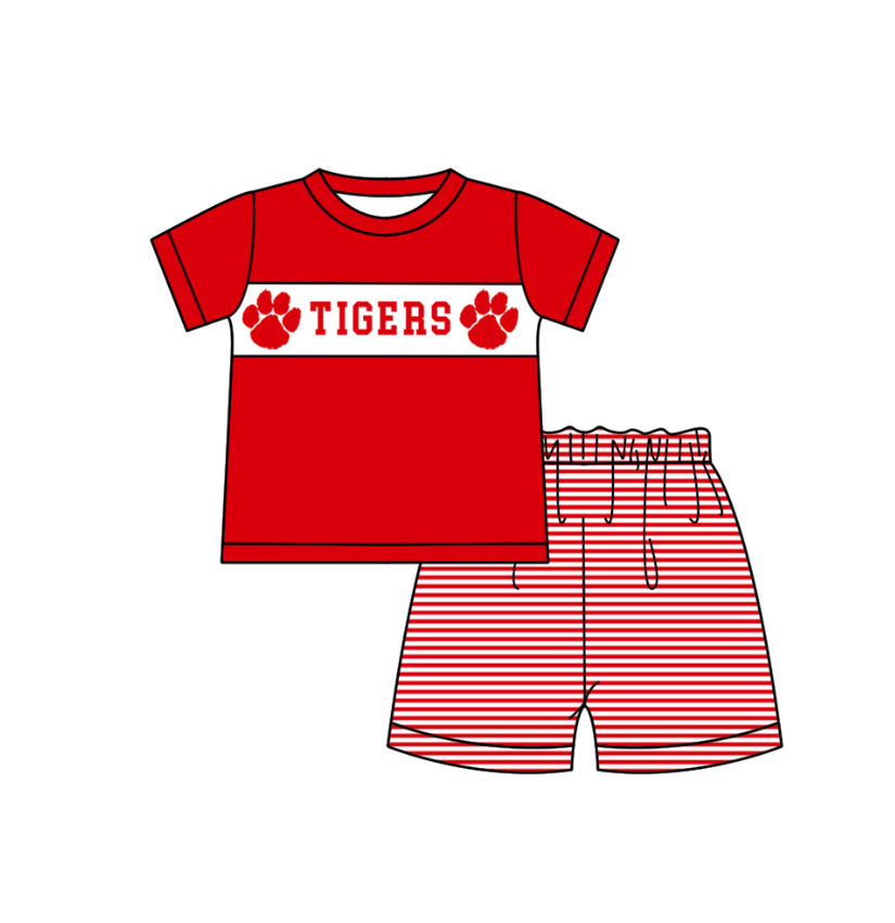 Preorder (moq 5)Baby Boys Red Short Sleeve Tiger Top Stripe Short Team Clothes Sets