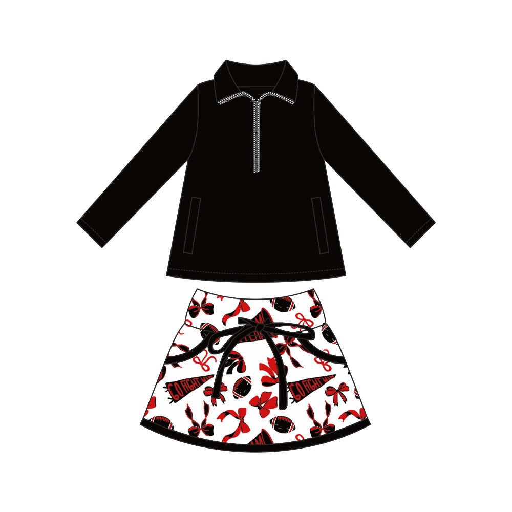 Preorder (moq 5)Baby Girls Black Pockets Zipper Pullovers Top Bows Footballs Plaid Skorts Team Set