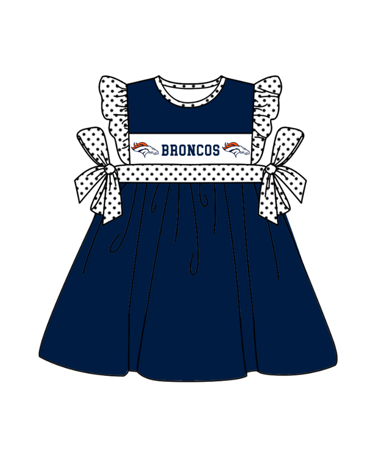 Preorder (moq 5)Baby Girls Polka Dots Flutter Sleeve Broncos Team Knee Length Dresses