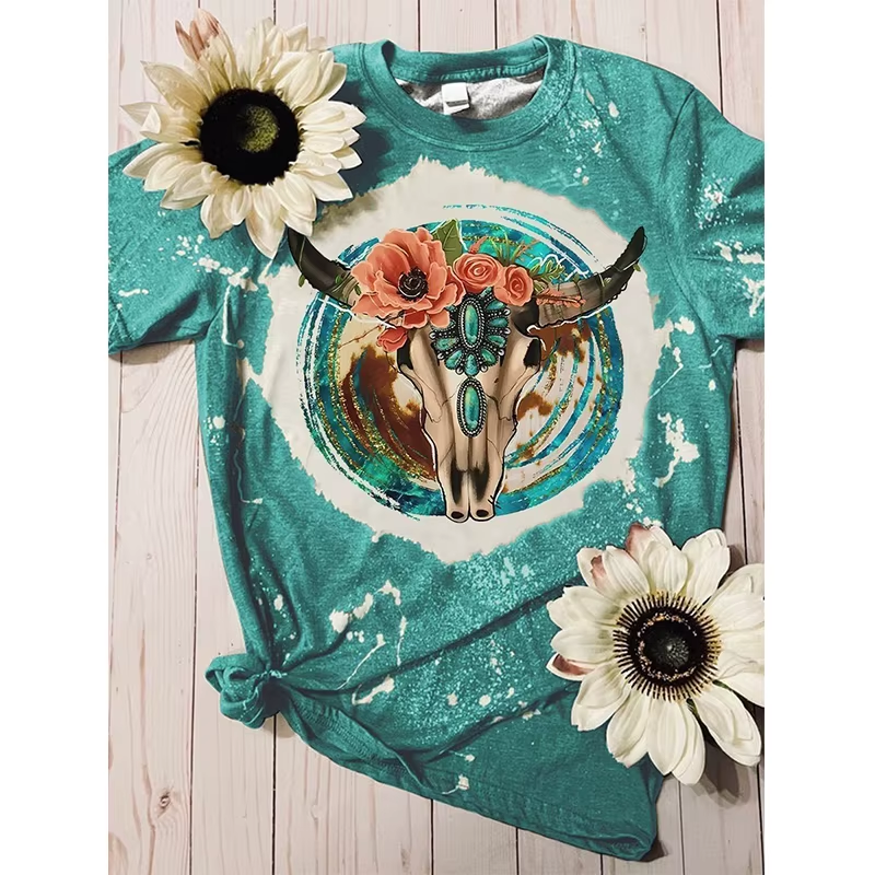 Preorder moq 5 Adult Women Western Cow Turquoise Bleached Tee Shirts Tops