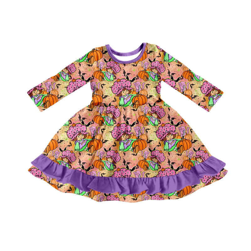 Preorder (moq 5)Baby Girls Strawberry Girl Pumpkins Purple Ruffle Halloween Knee Length Dress