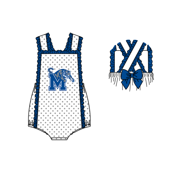 Preorder (moq 5)Baby Girls Strap Polka Dots M Tiger Back Bow Team Ruffle Rompers