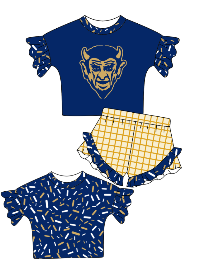 Preorder (moq 5)Baby Girls Navy Back Sprinkles Top Checked Ruffle Shorts Team Clothes Set