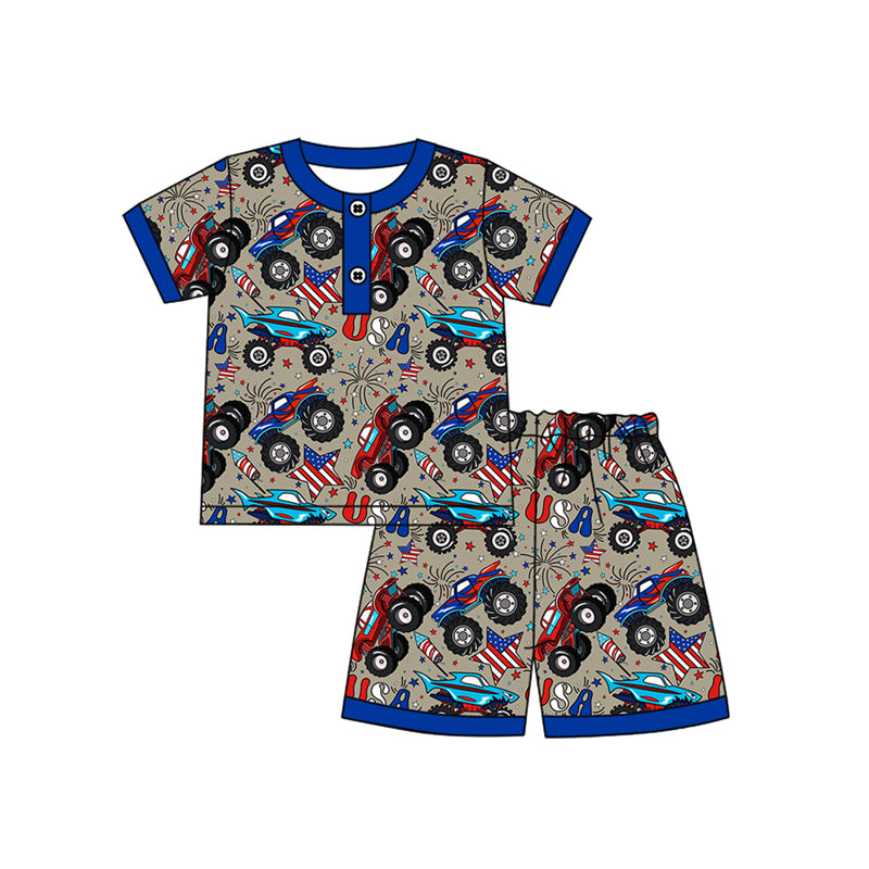 Preorder moq 5 Baby Boys Short Sleeves Stars Firework Button Top Shorts 4th Of July Pajamas Set