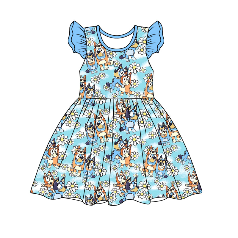 Preorder (moq 5)Baby Girls Sister Dog Blue Flowers Pearl Knee Length Dresses