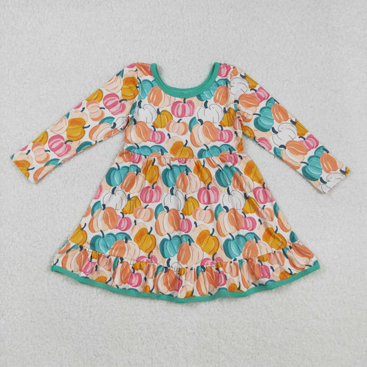 Sibling Baby Girls Green Orange Pumpkins Fall Pajamas Sets Rompers Knee Length Dresses