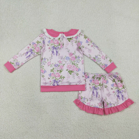 Baby Girls Pink Flowers Collar Top Ruffle Shorts Clothes Sets