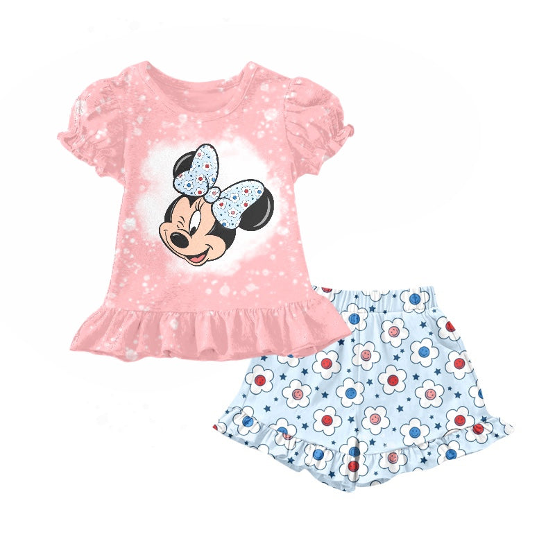 Baby Girls Pink Cartoon Mouse Shirt Flowers Ruffle Shorts Clothes Sets order preorder (moq 5)