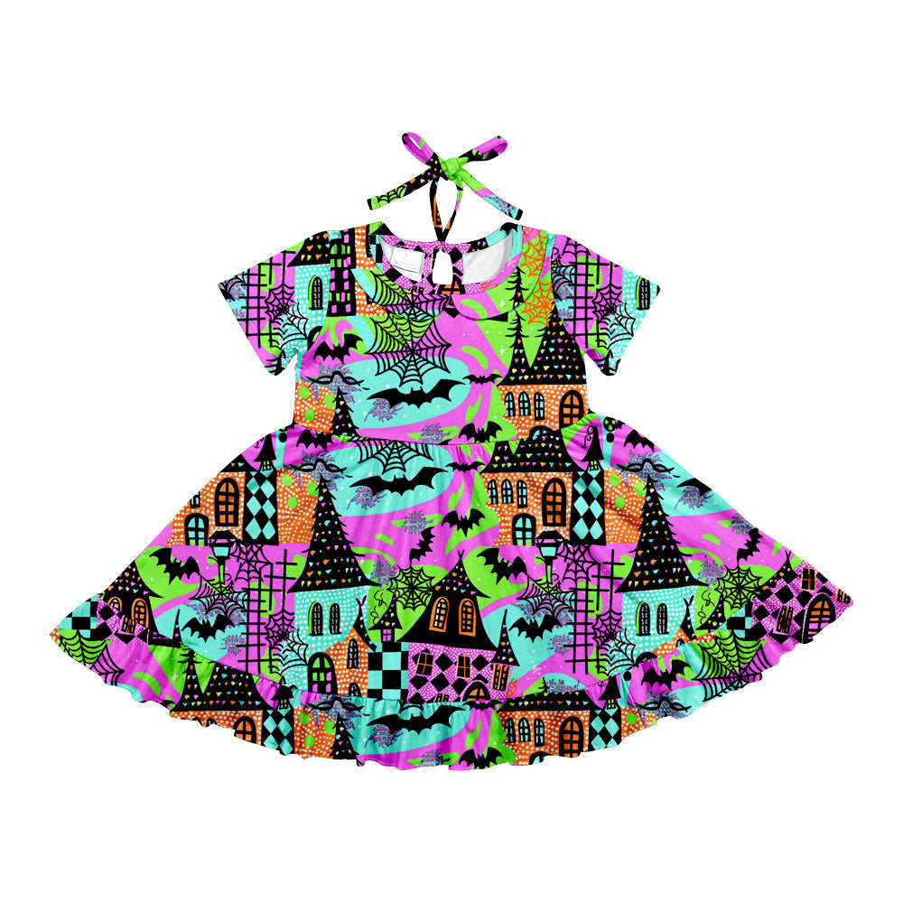 Preorder (moq 5)Baby Girls Halloween Bats Houses Twirl Knee Length Dresses