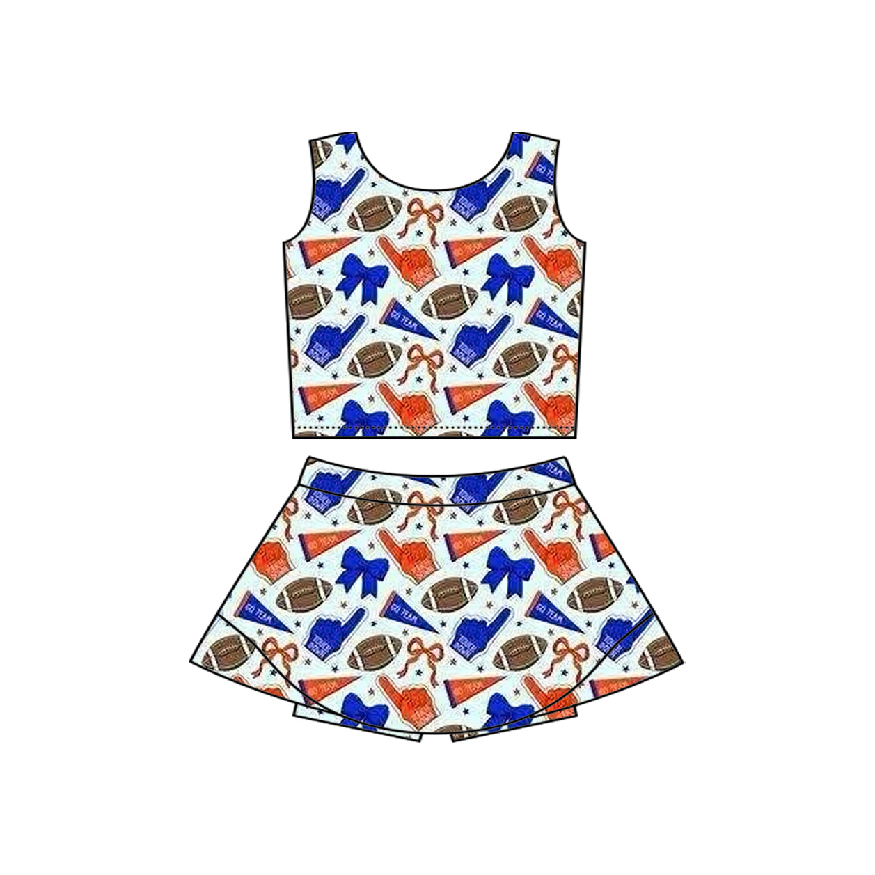 Preorder moq 5 Baby Girls Sleeveless Hot Blue Football Cheer Vest Top Skorts Team Set