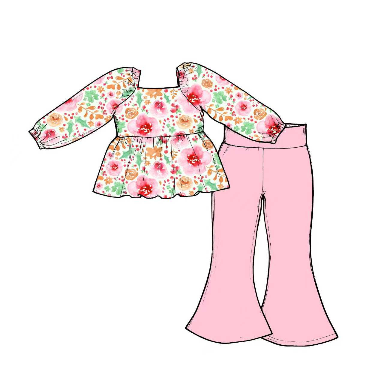 Preorder (moq 5)Baby Girls Colorful Flowers Tunic Bell Bottom Pants Clothes Sets