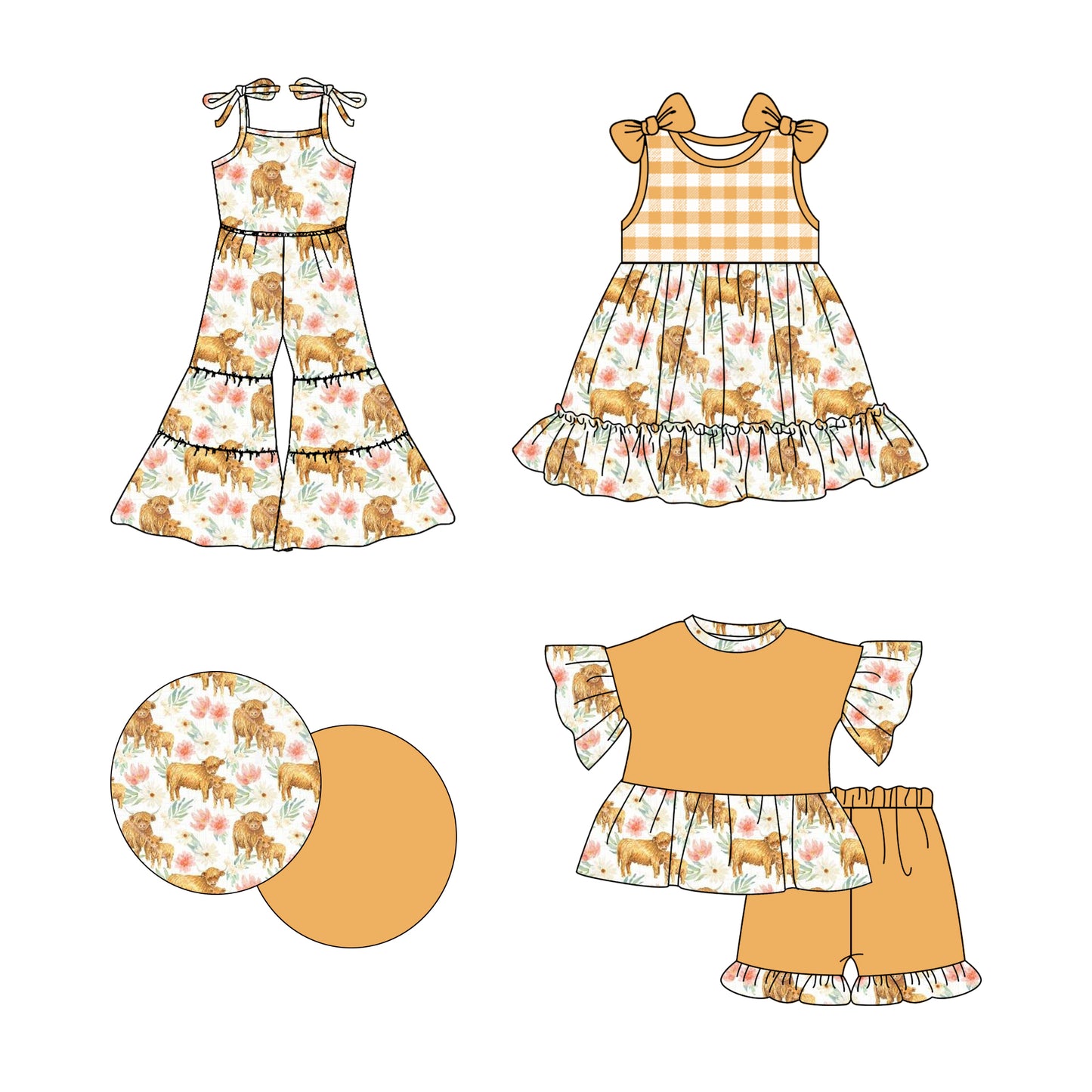 Preorder moq 5 Custom Baby Girls Yellow Short Ruffle Floral Highland Cows Tunic Short Sets Strap Jumpsuits And Knee Length Dress