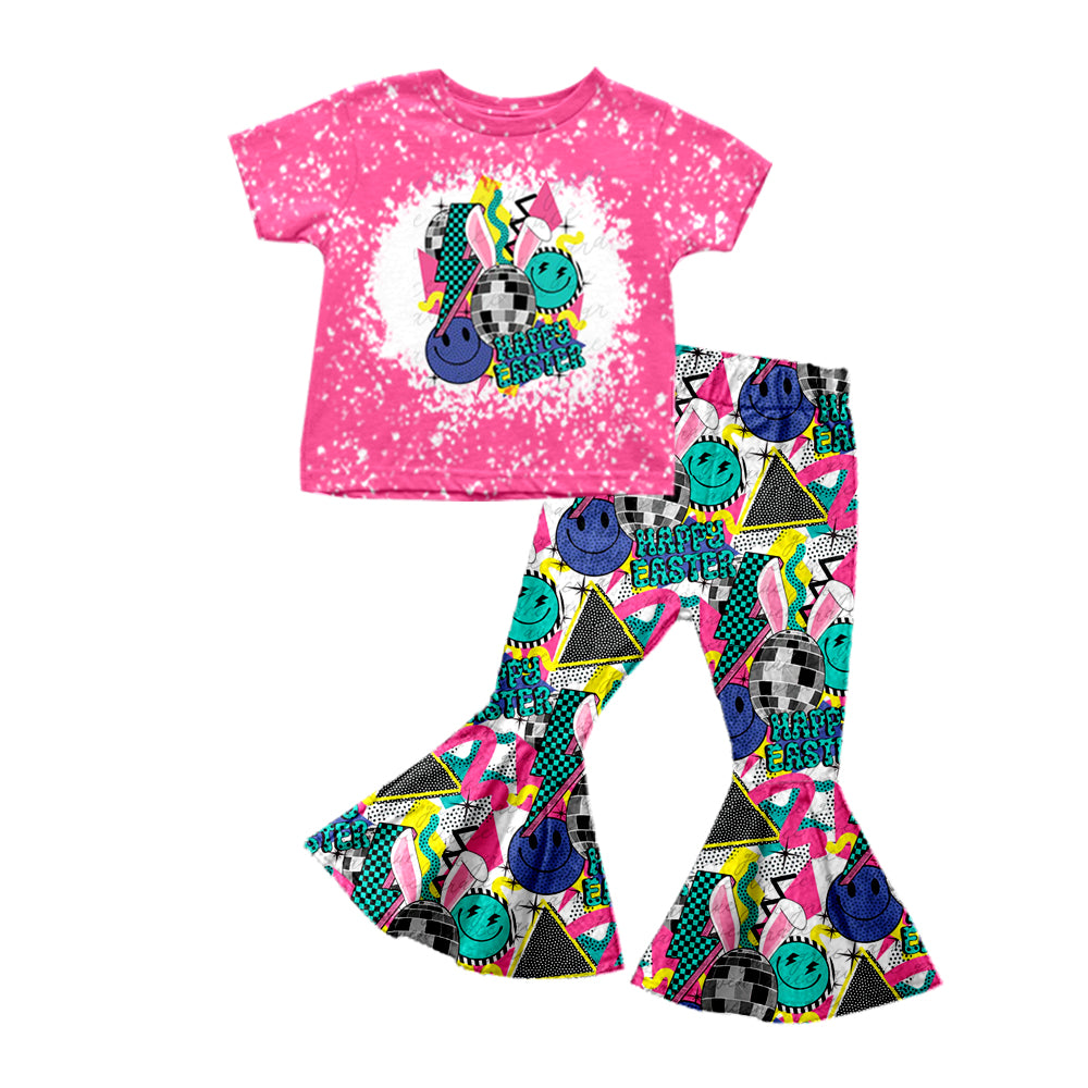 Baby Girls Happy Easter Disco Pink Shirt Bell Pants Clothes Sets preorder(moq 5)
