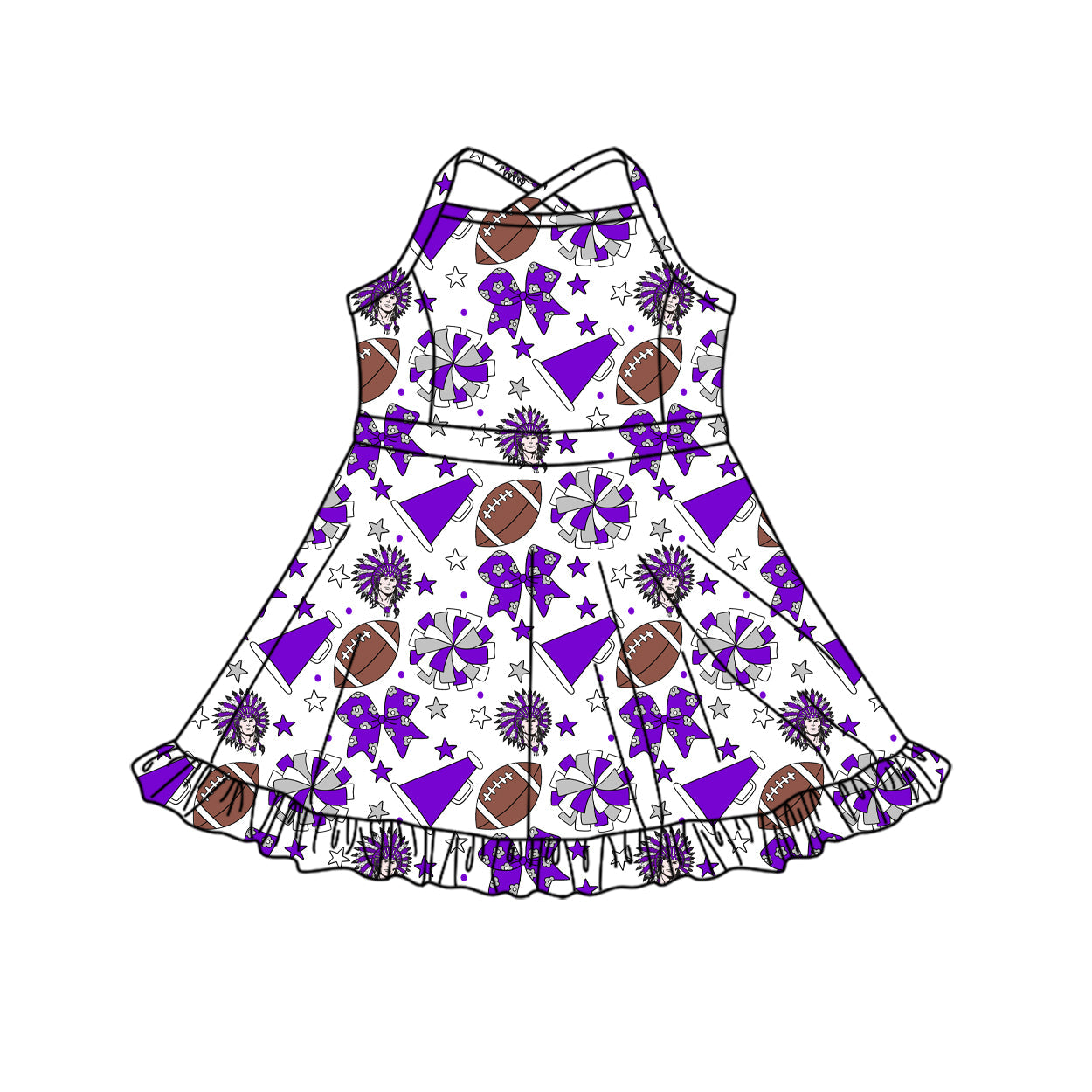 Preorder (moq 5)Baby Girls Strap Bows Stars Footballs Team Shorts Ruffle Knee Length Dress