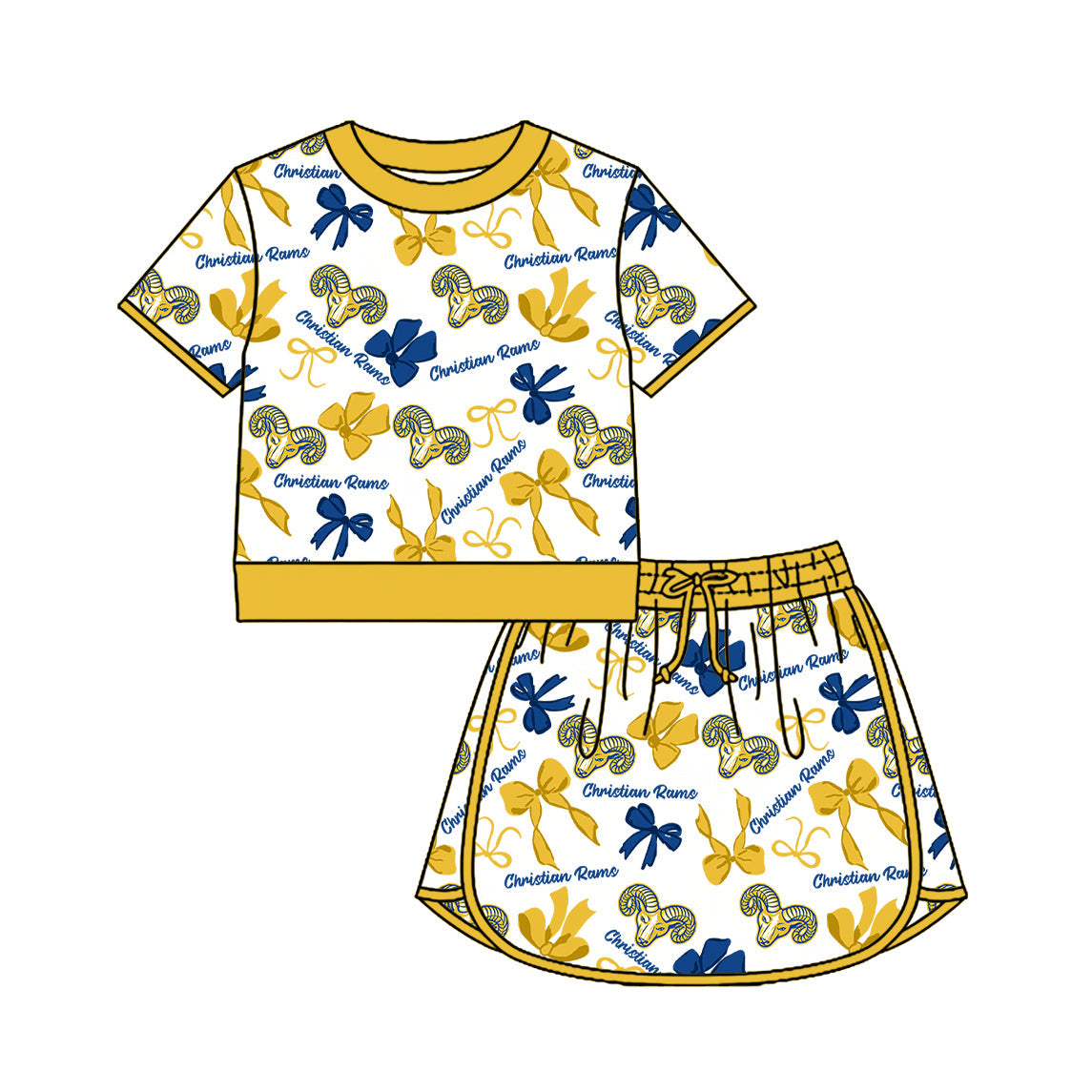 Preorder (moq 5)Baby Girls Bows Christian Rams Top Skirt Short Team Clothes Set