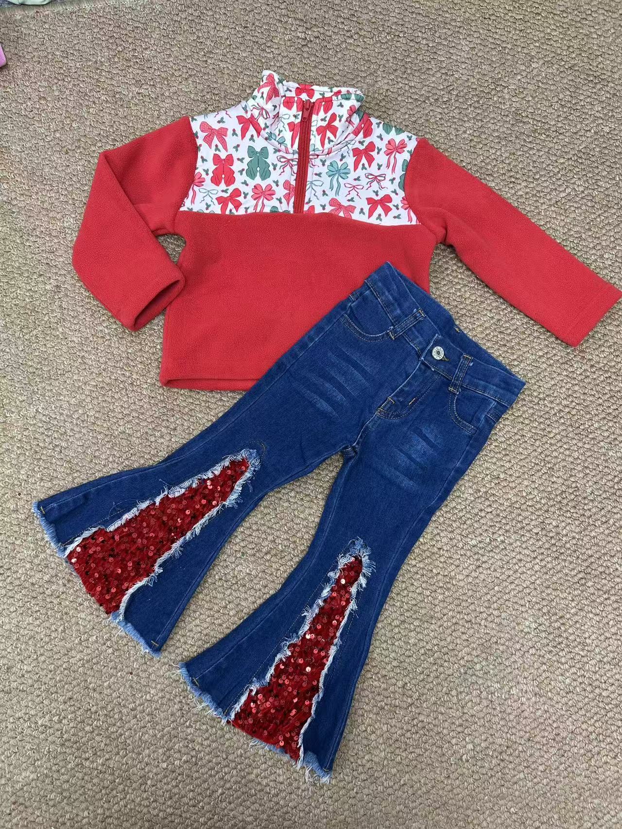 Baby Girls Green Red Bows Plaid Zip Pullovers Denim Jeans Christmas Clothes Sets