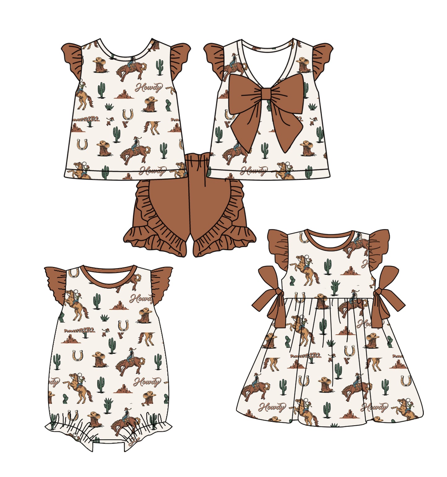 Preorder moq 5 Custom Baby Girls Brown Flutter Sleeves Cactus Horse Rodeos Tunic Ruffle Short Set Knee Length Dress Rompers