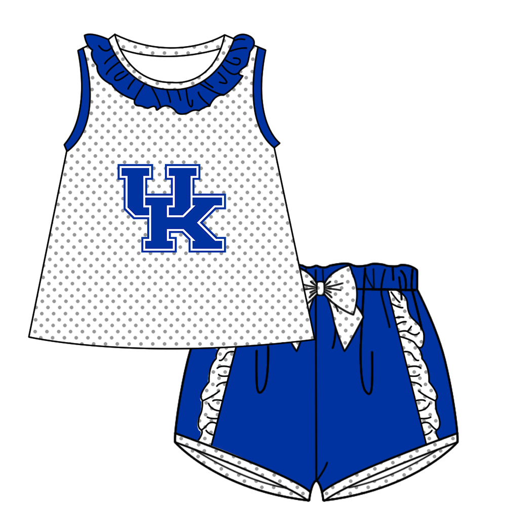 Preorder (moq 5)Baby Girls Blue UK Polka Dots Tunic Ruffle Short Team Clothes Set