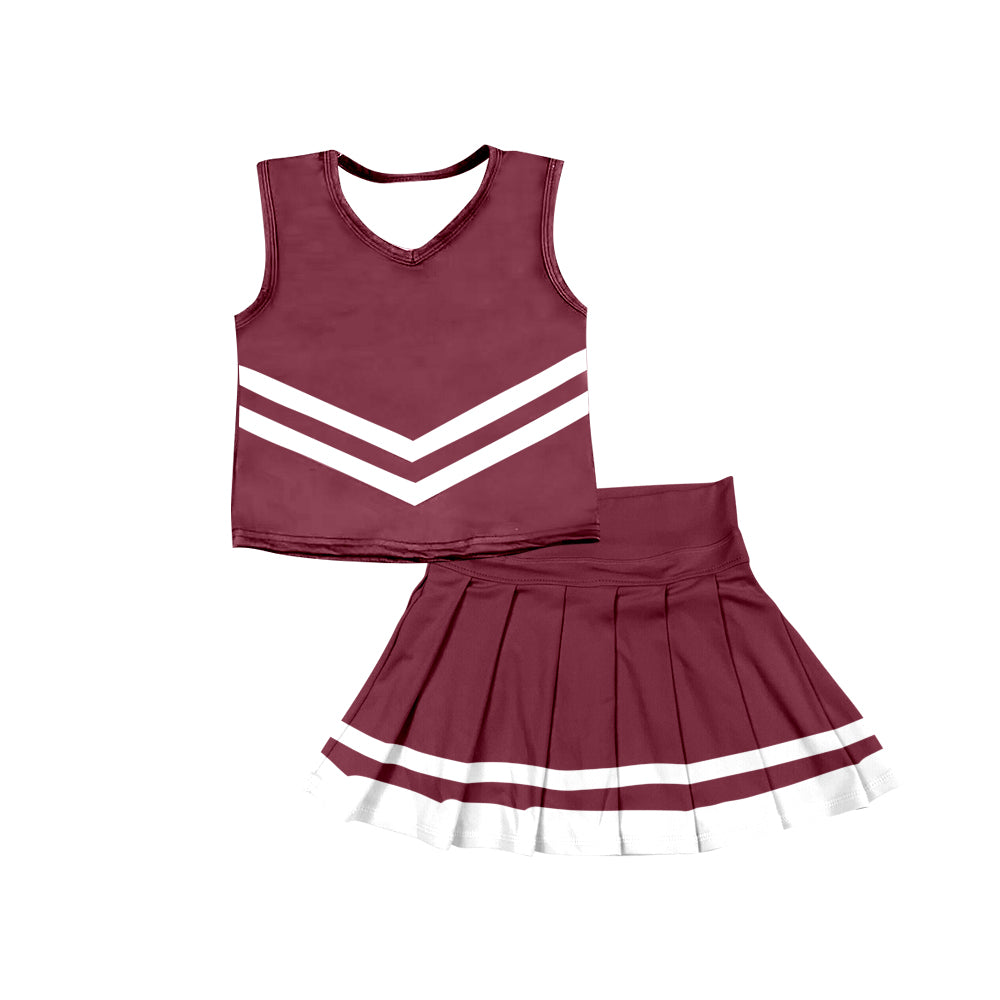 Preorder (moq 5)Baby Girls Dark Red Sleeveless Team Vest Pleated Skorts Set