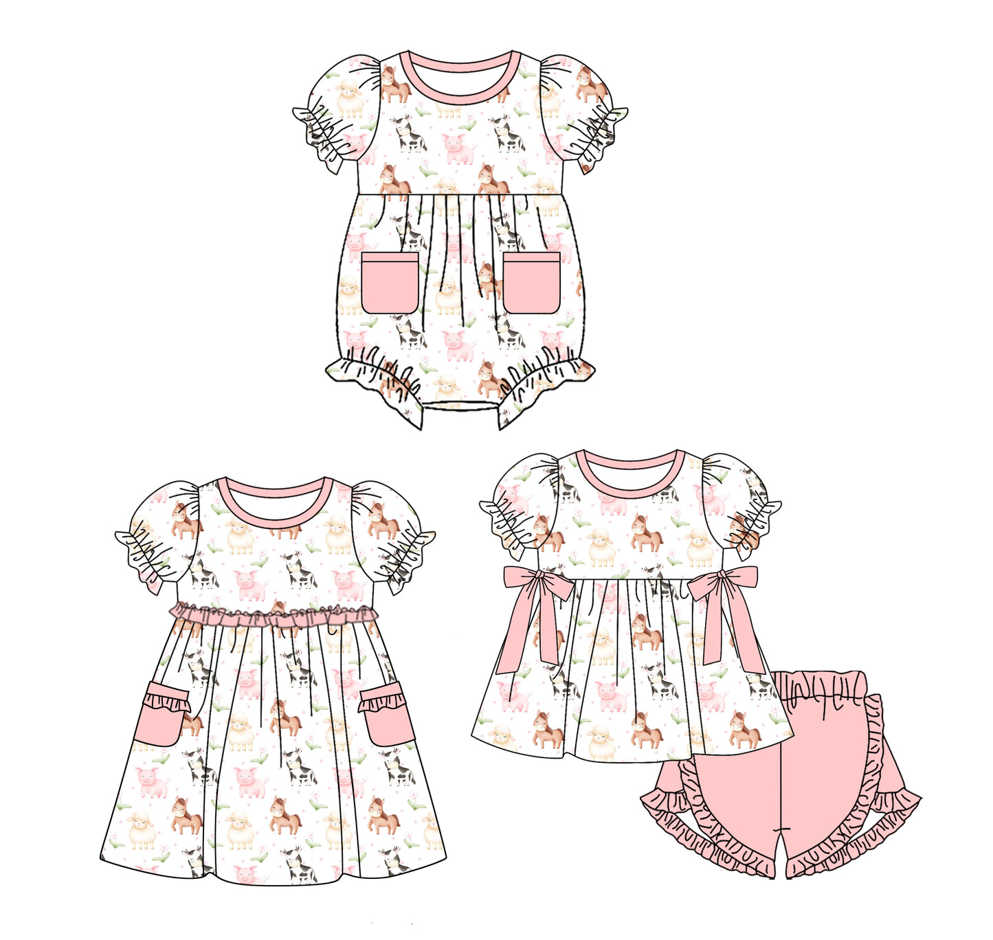 Preorder moq 5 Custom Baby Girls Pink Pockets Cows Horses Tunic Ruffle Short Farm Set Knee Length Dress Romper