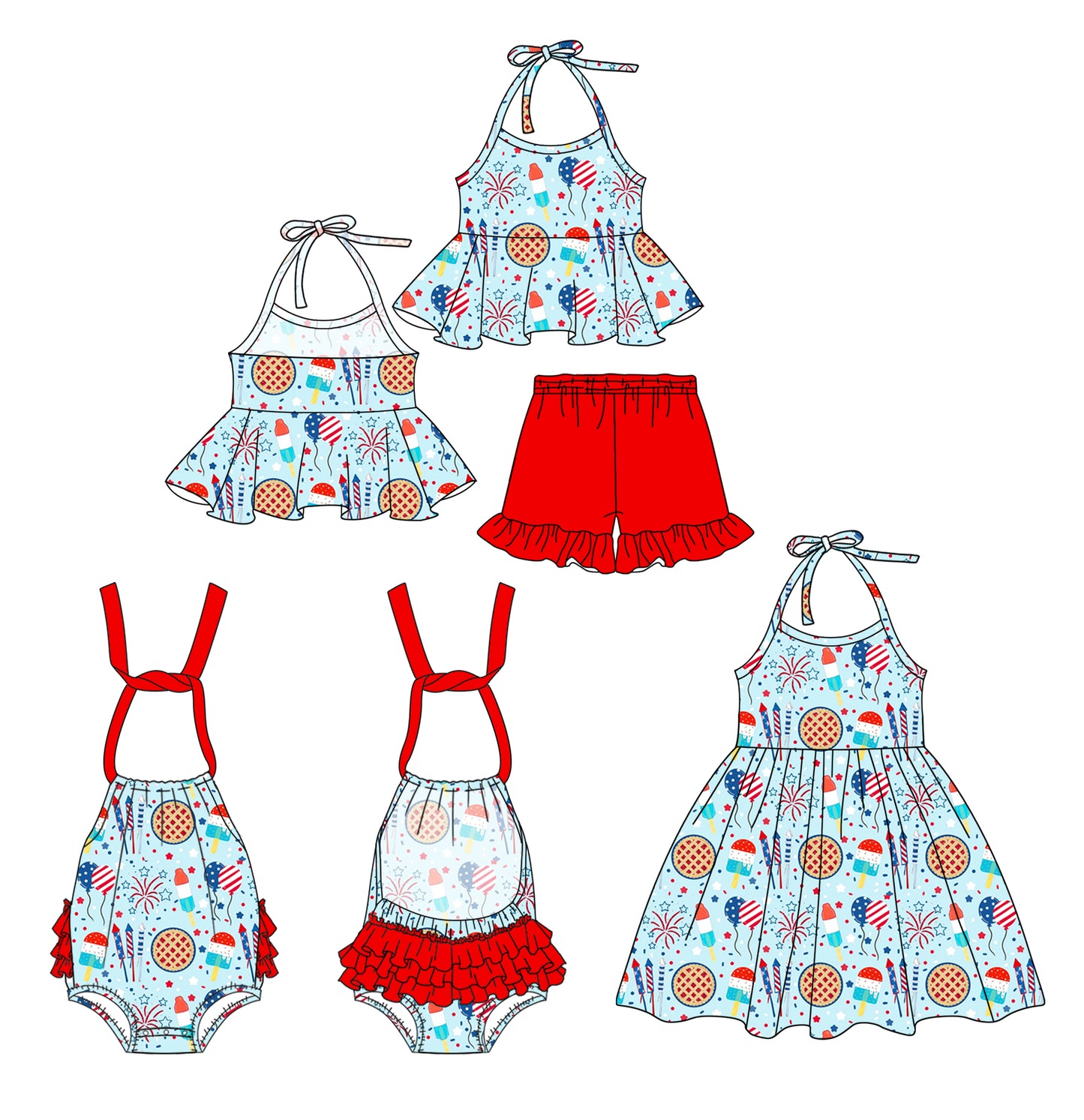 Preorder moq 5 Custom Baby Girls Blue Strap Firework Tunic Ruffle Short 4th Of July Set Knee Length Dress Romper