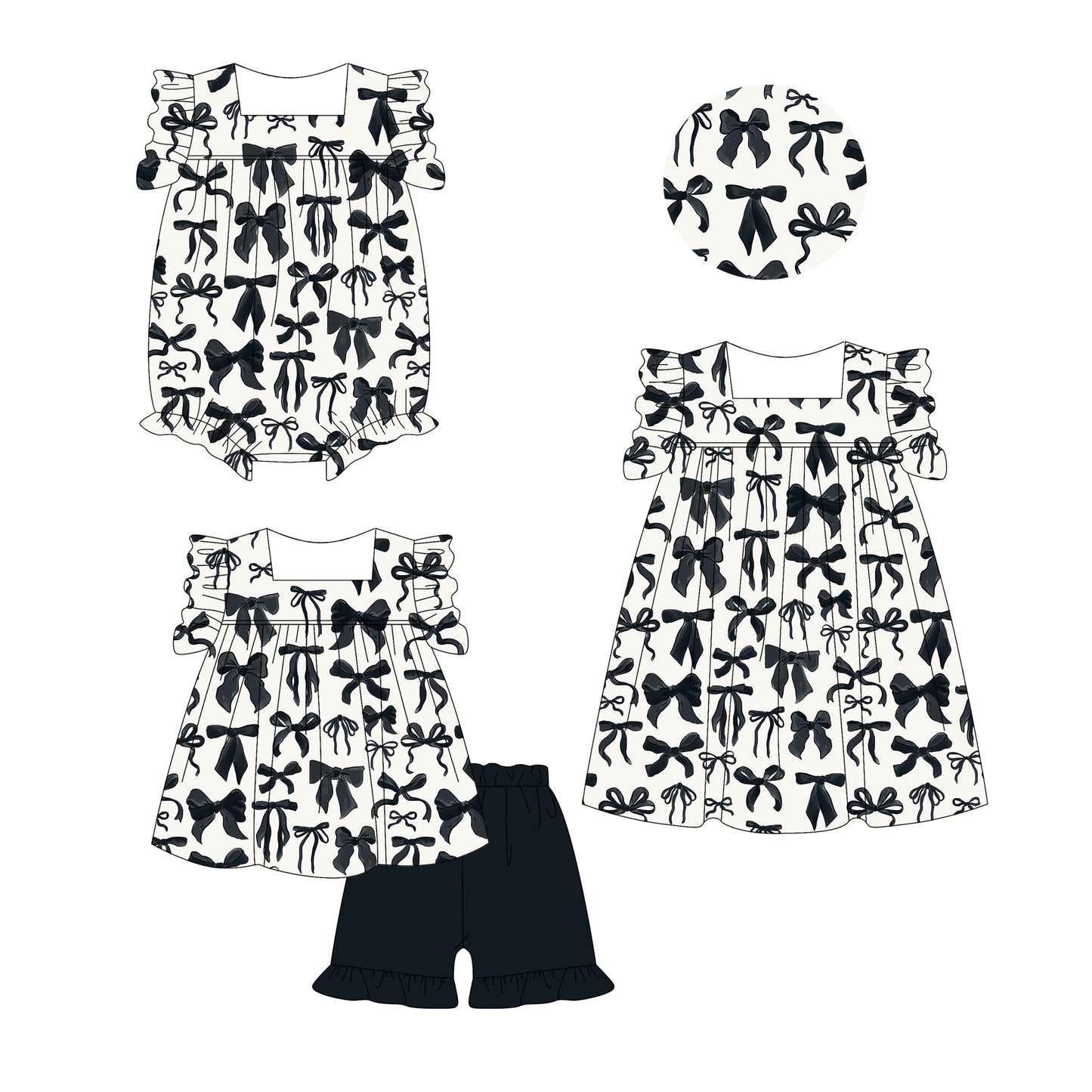 Preorder moq 5 Custom Baby Girls Sleeveless Black Bows Tunic Ruffle Short Set Dress And Rompers