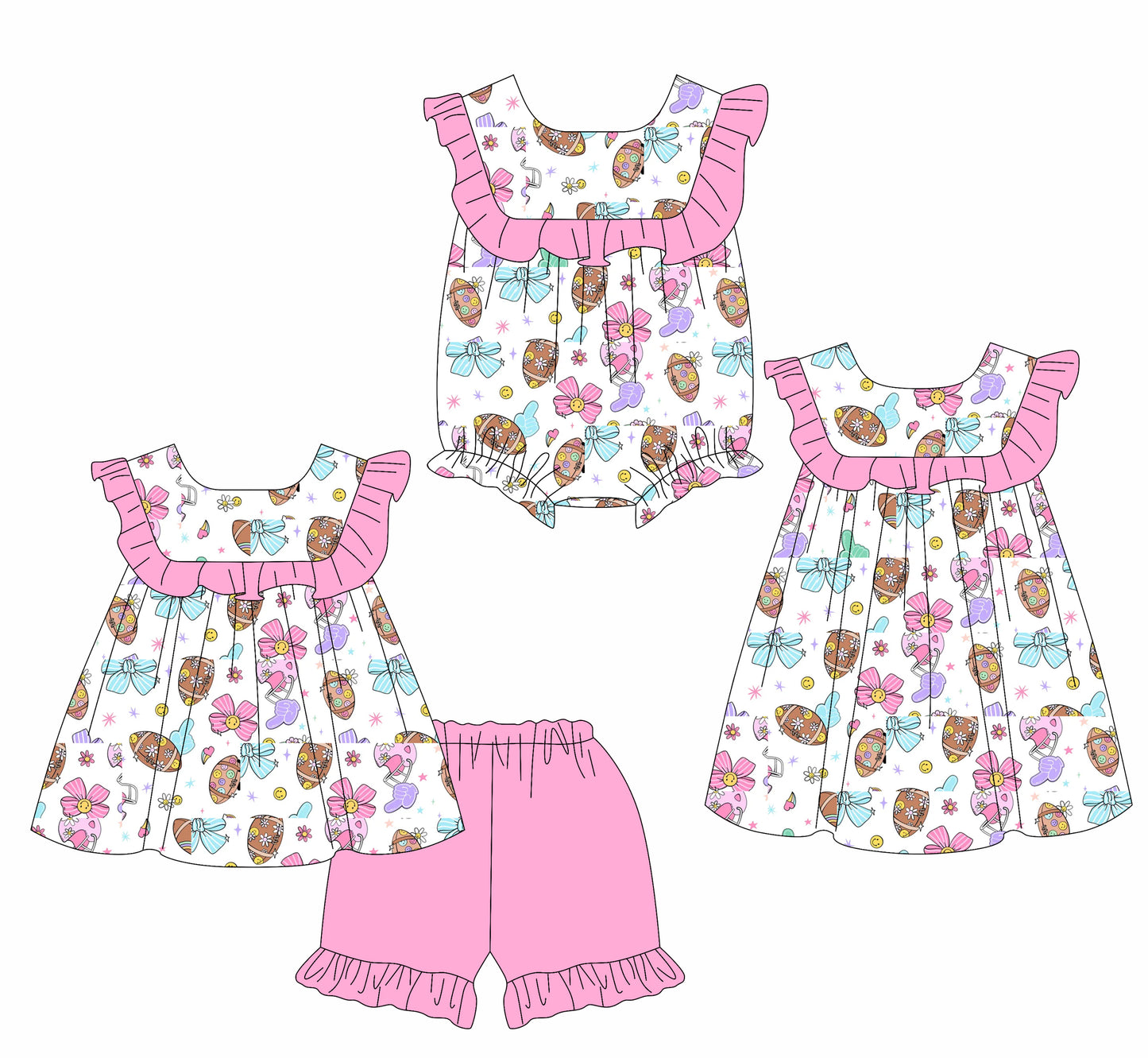 Preorder moq 5 Custom Baby Girls Sleeveless Colorful Bows Footballs Tunic Ruffle Short Set Dress And Rompers
