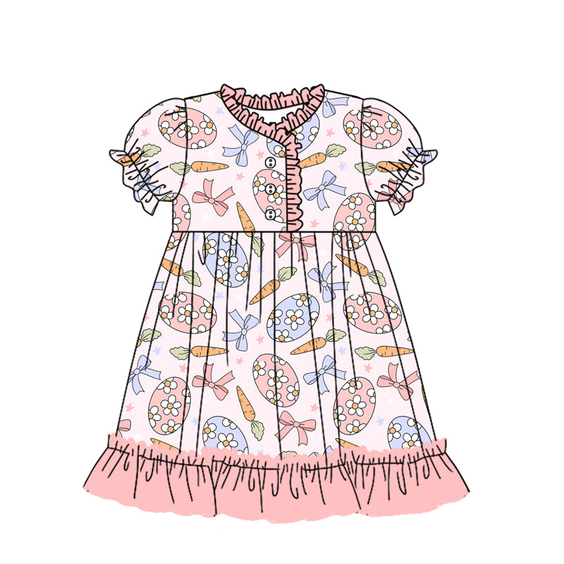 Preorder (moq 5)Baby Girls Easter Eggs Carrots Bows Ruffle Knee Length Gowns Dresses