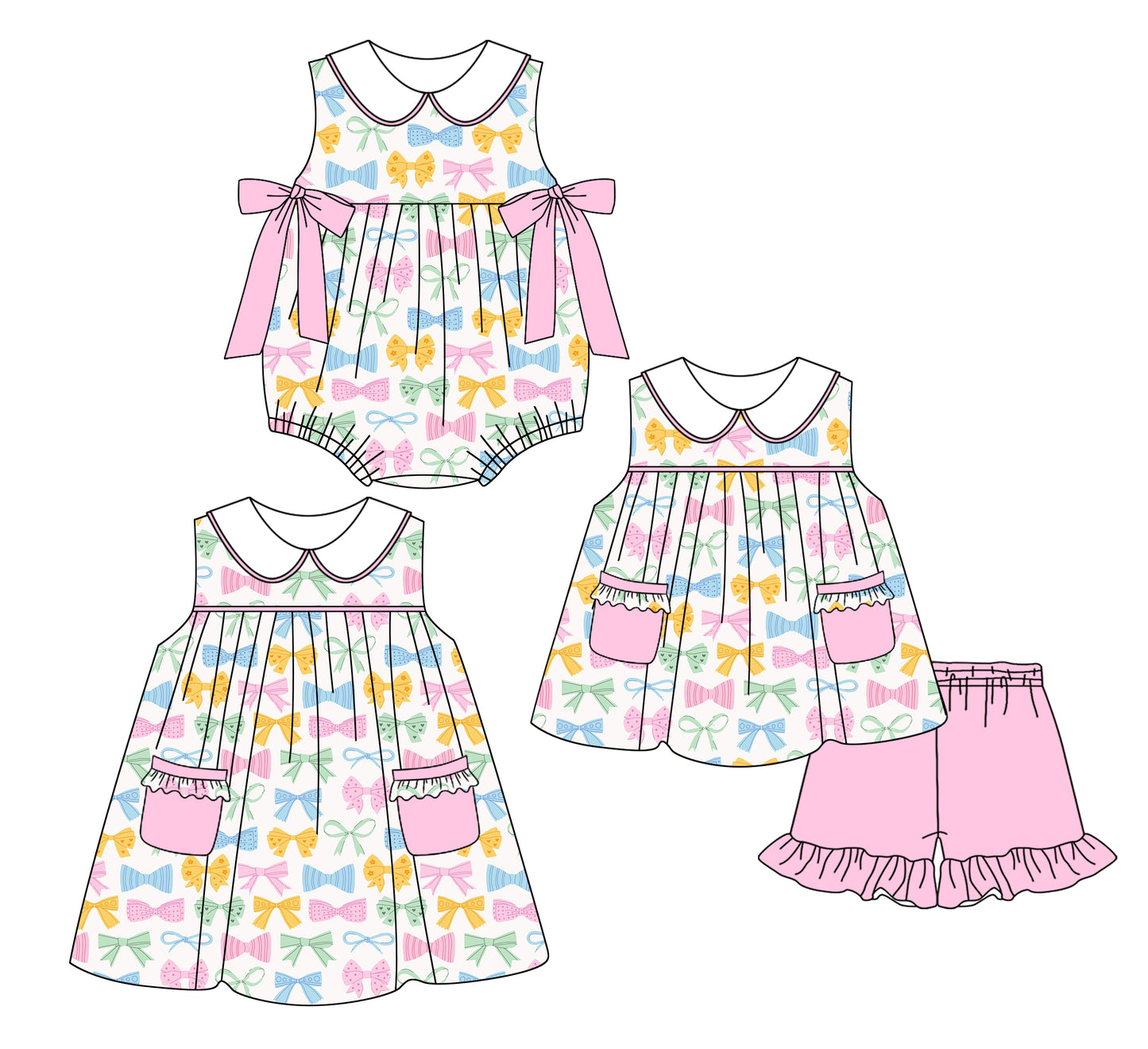 Preorder moq 5 Custom Baby Girls Sleeveless Colorful Bows Pockets Tunic Ruffle Short Set Knee Length Dress And Rompers