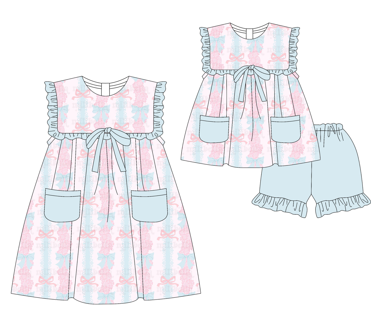 Preorder moq 5 Custom Baby Girls Pink Blue Bows Pockets Tunic Ruffle Short Set Knee Length Dresses