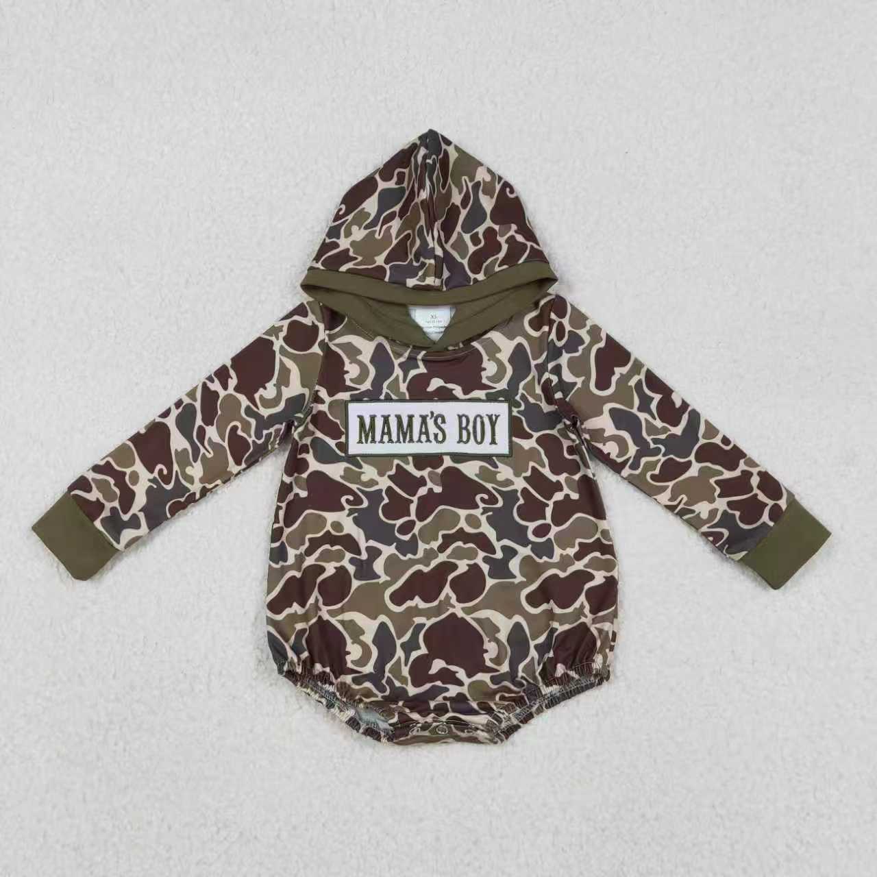 Sibling Baby Boys Embroidery Mama's Boy Dark Khaki Camo Pockets Pant Clothes Sets Hoodie Romper