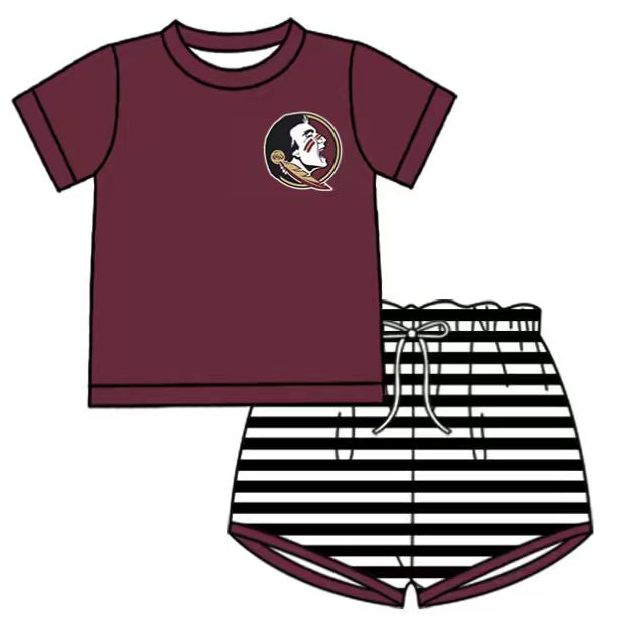 Preorder (moq 5)Baby Boys Top Dark Red Stripe Shorts Team Clothes Sets